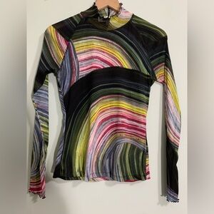 Diane Von Furstenberg Sheer Nylon Long Sleeve Pattern Multicolored Fitted Blouse